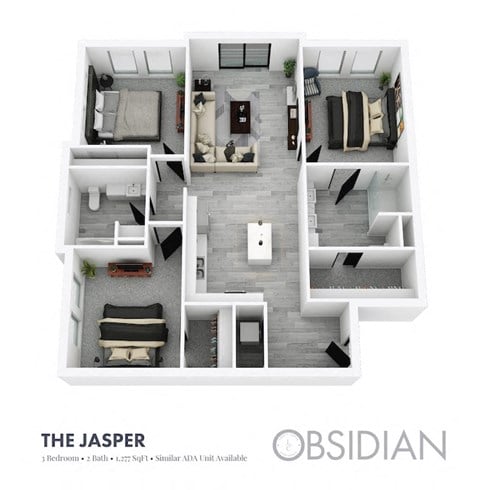 Floor plan for 3 beds, 2 baths, 1277 sqft